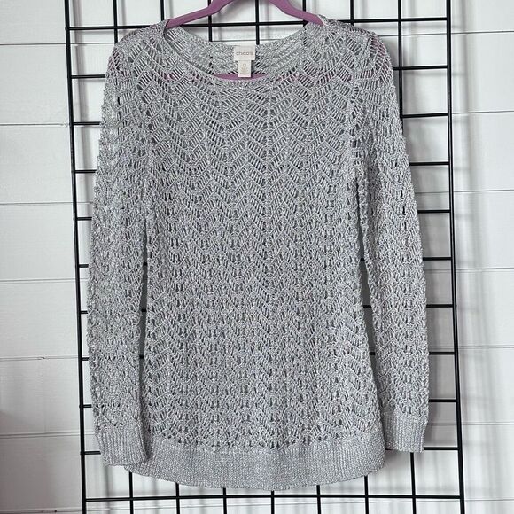 Chico’s Shine Stitch Theodora Pullover Sweater Womens 0 (S) Silver Open Knit - Picture 1 of 12